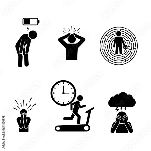 Stress burnout anxiety depression mental health stick figures icons vector illustration design set