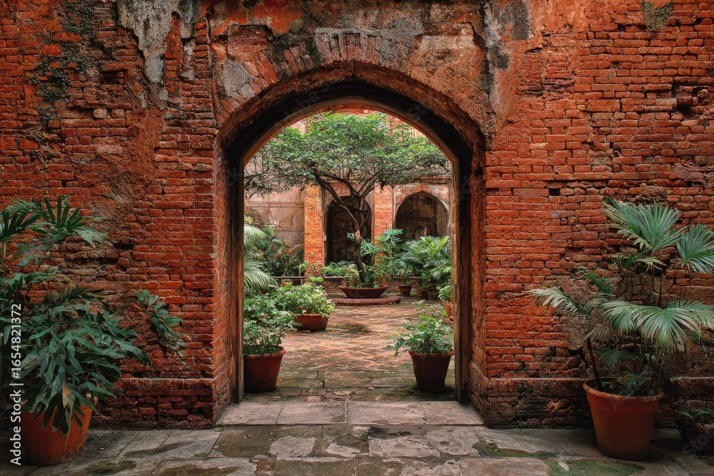 Fototapeta premium Ancient courtyard framed by brick walls