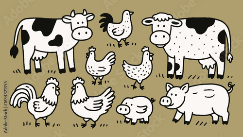 Illustration of farm animals including cows, chickens, roosters, and pigs, depicted with simple black and white outlines on a tan background.