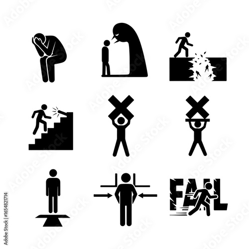 fear of failure silhouette icons stress failure obstacles challenges and mental health issues in black and white art