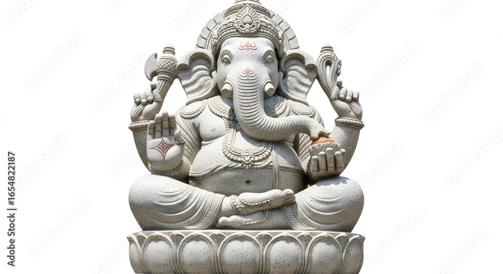 Obraz premium White Stone Ganesha Statue Isolated on White Background, Hindu Elephant-Headed Deity Sculpture
