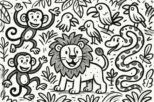 Playful cartoon animals frolic amidst lush jungle foliage; a lion, monkeys, birds, and a snake are depicted in a whimsical, hand-drawn style.