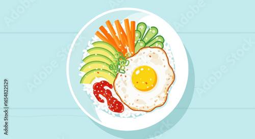 Top-down view of a plate with rice, avocado slices, carrots, cucumbers, fried egg, and red sauce.