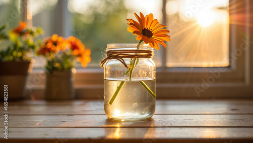 A vibrant orange flower sits in a clear glass mason jar filled with water, positioned on a light wooden surface in front of a window.