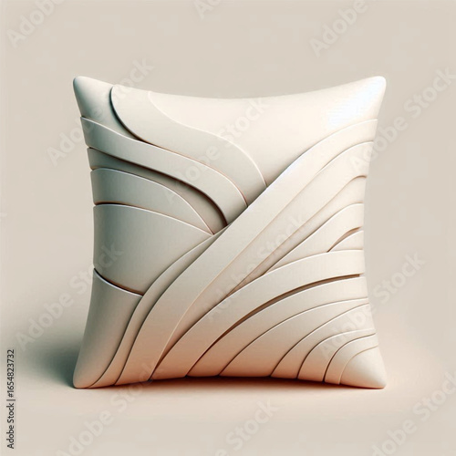 Elegant cream pillow with flowing wave patterns, set against a soft, neutral backdrop