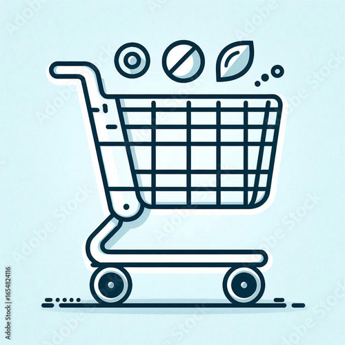 Illustration of a shopping cart with various items floating above, set against a light blue background
