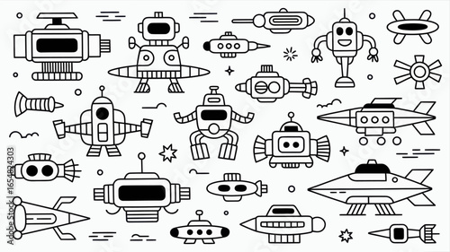 A collection of retro-futuristic robots and spacecraft, illustrated in a minimalist line art style.