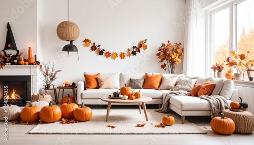 Wallpaper Mural Scandinavian scandi modern minimalist cozy living room interior with fall and halloween decor Torontodigital.ca