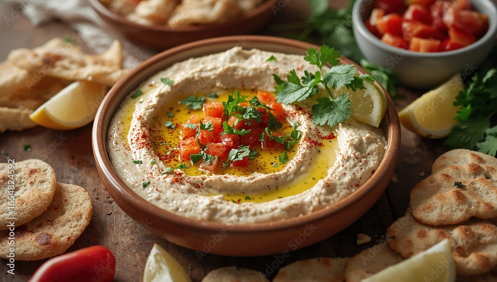 Naklejka premium Creamy Hummus Beiruti with pita bread, lemon wedges, and vegetables