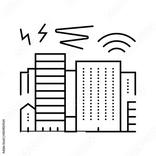 cityscape buildings surrounded by sound waves line icon vector illustration
