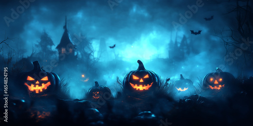 Glowing Halloween Pumpkins in Foggy Night with Haunted House Background Scene