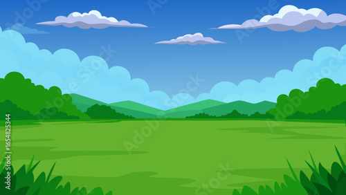 Cartoon landscape with a vast green field under a partly cloudy blue sky and distant green hills view created with generated ai