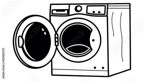 A front loading washing machine with an open door in a black and white line drawing style image created with generated ai
