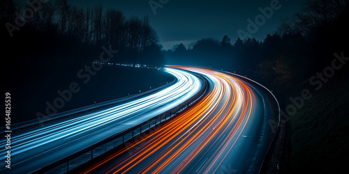 Long Exposure Light Trails on Curving Highway at Night Landscape Scene