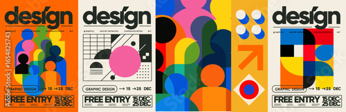 Design. Abstract geometric posters with graphic lines, modern shapes, stylized creative people and minimal typography for design, background, social media, branding, events and contemporary art
