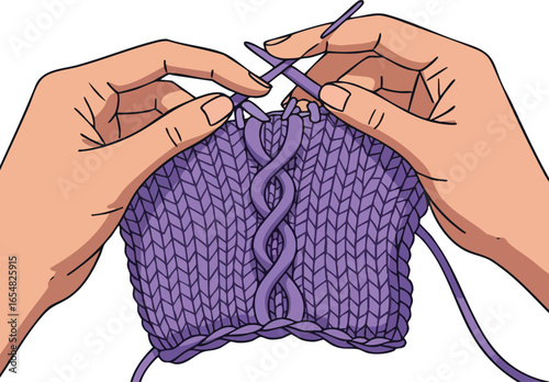 Hands knitting purple yarn with cable stitch pattern close-up vector illustration 