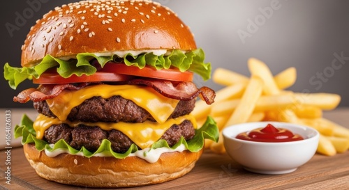 A double cheeseburger with bacon, lettuce, and tomato, served with fries and ketchup.
