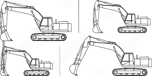 Excavator Technical Line Art – Heavy Equipment Outline Vector Set