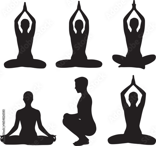 Yoga Poses Silhouettes Meditation Zen Mindfulness on White Background vector illustration