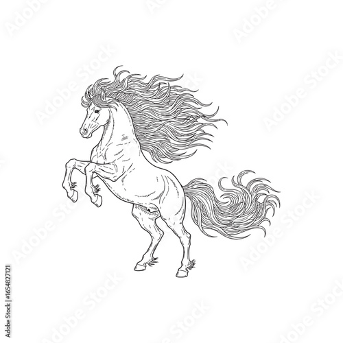 Majestic Rearing Horse with Flowing Mane Line Art.