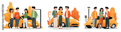 Car sharing concept. Drivers friends share cars, rental vehicle mobile service in smartphone app teen people group taxi rent online or auto transfer cartoon vector illustration