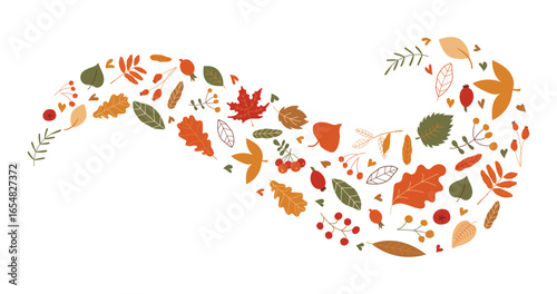 Bright autumn leaves in a gust of wind and an inscription. Autumn illustration. Autumn lettering. Different leaves. Vector illustration.