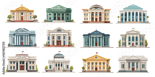 Cartoon government buildings. City municipal building, court or mayor house university museum bank public library office center departament hall with columns vector illustration