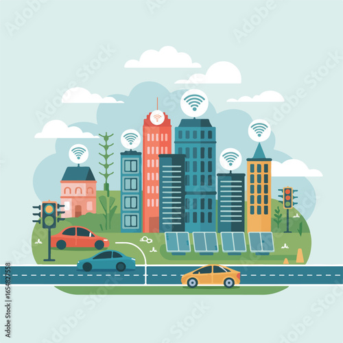 Illustration of a smart city with buildings cars solar panels and wifi signals in a modern design