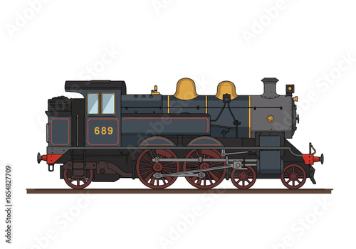 Vintage Steam Locomotive Number 689 Detailed Side View Illustration.