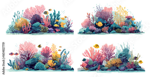 Cartoon ocean reefs. Sea reef corals border set, marine plants with tropical fish underwater seaweed aquarium weed algae undersea flowers water botany nature vector illustration