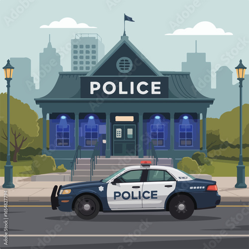 Police station with a police car parked out front in a cartoon style with city background view scene