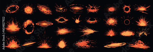 Comic explosion effects. Retro comics explosive fire burst, vintage manga energy boom blast flame explode bomb attack bang spark smoke red cloud cartoon set vector illustration