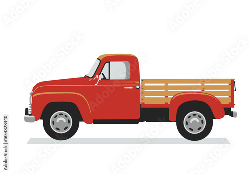 Classic Red Pickup Truck with Wooden Bed.