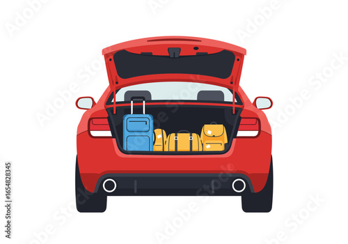 Red Car Trunk Packed for Travel with Luggage and Backpacks.