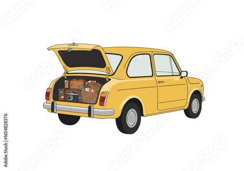 Yellow Vintage Car Packed for a Road Trip.