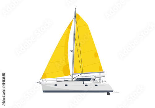 Elegant White and Yellow Catamaran Sailboat.