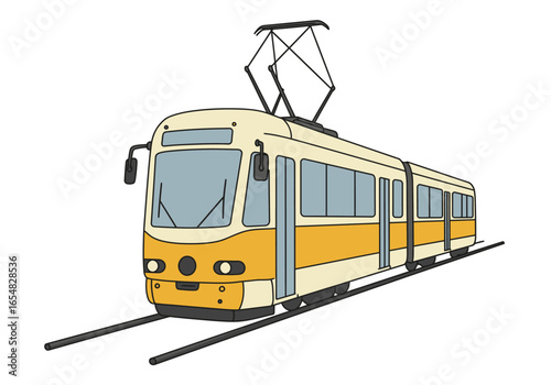 Modern Electric Tram Cream and Orange Overhead Wires.