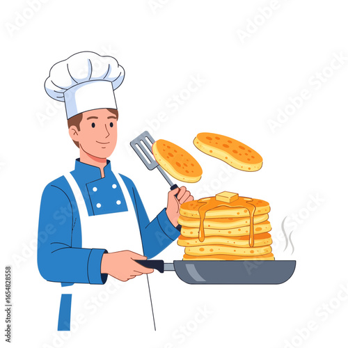 Smiling male chef preparing a stack of delicious golden pancakes with butter in a frying pan.