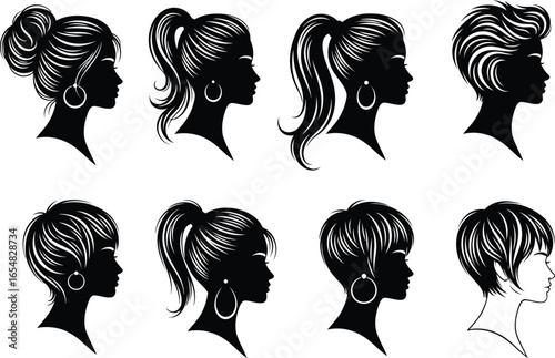 Vector art of collection of diverse female hairstyles and silhouettes isolated on white background