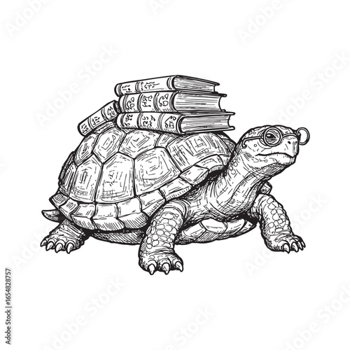 Wise old turtle with glasses carrying a stack of books on its shell.