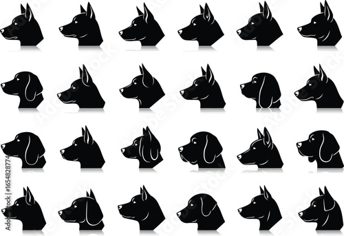 Vector art of collection of various dog head profiles and silhouettes isolated on white background