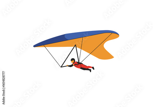 Hang Glider Pilot Soaring Through Air with Blue and Orange Wing.