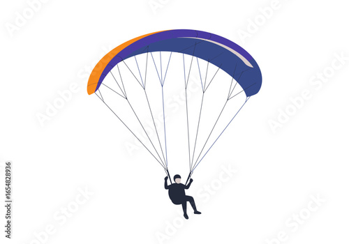 Paraglider Soaring with Blue and Orange Parachute.
