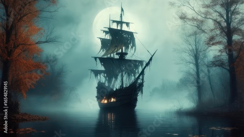 Wallpaper Mural Ghostly Galleon: Eerie Shipwreck Under Moonlight in Misty Waterscape Torontodigital.ca