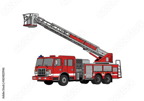 Red Fire Truck with Extended Aerial Ladder.