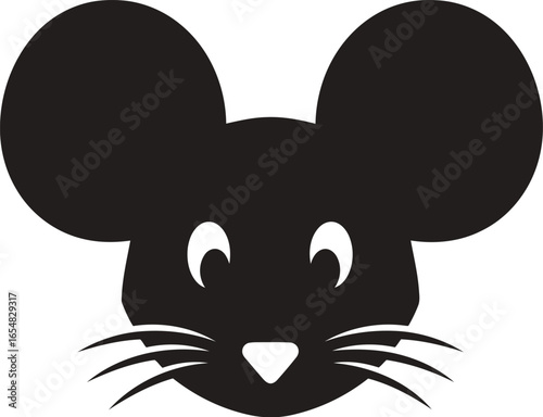 Vector art of cute black and white cartoon illustration of a mouse face with large ears and whiskers, isolated on white background