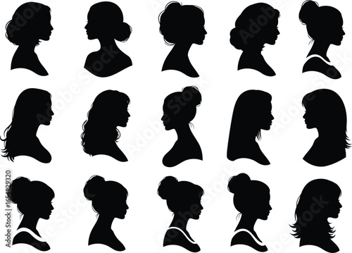 Vector art of collection of diverse female silhouettes in profile, showcasing various hairstyles and elegant styles, isolated on white background