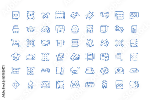 Vector art of collection of blue line art icons representing various types of towels and related textiles, such as bath towels, beach towels, and kitchen towels, all isolated a