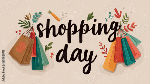 Shopping day poster. Autumn winter sale banner with shop bags, shopaholic market offer advertising store for shoppers buyers lettering text cartoon background vector illustration