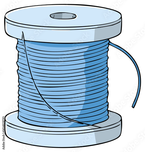Illustration of a spool of blue thread for sewing or crafting
